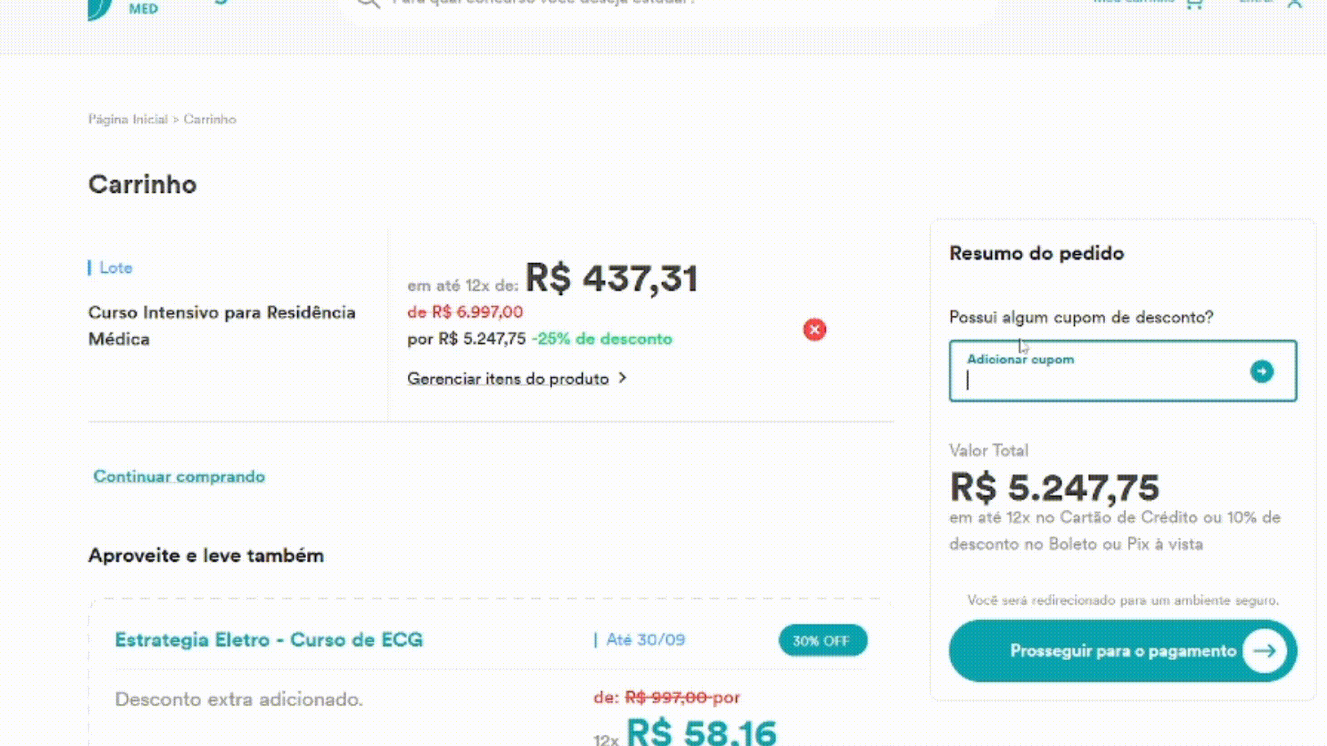Aplicação do Cupom GABARITO no checkout do Estratégia MED