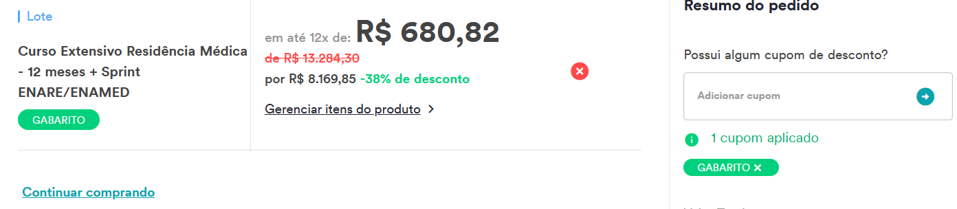 Carrinho real do Estratégia MED relacionado a Extensivo Residência Médica 12 meses + Sprint ENARE/ENAMED