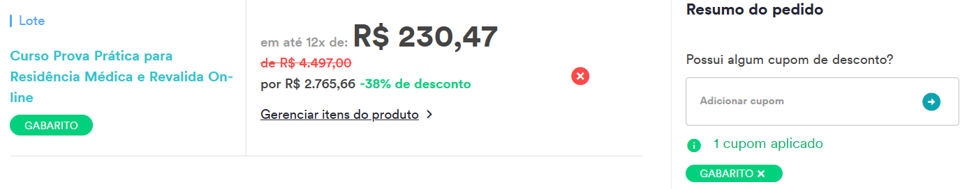 Carrinho real do produto Curso Prova Prática On-line + Pense Revalida no Estratégia MED
